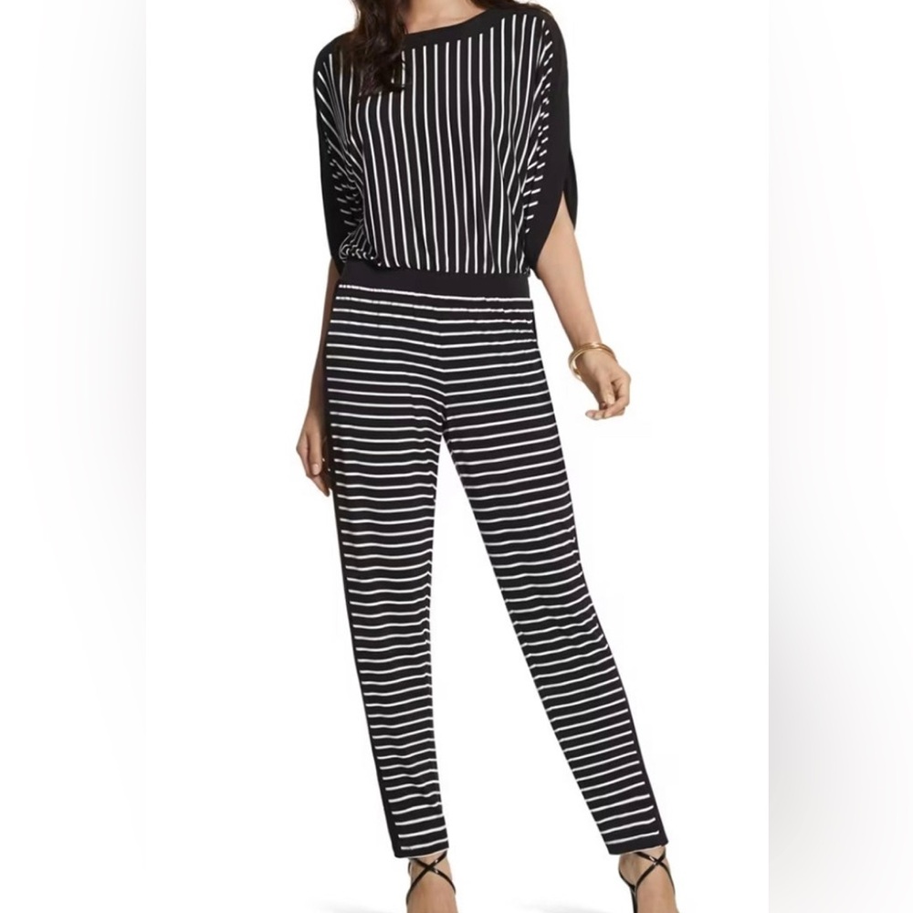 Chicos Jumpsuit Black & White vertical stripes relax drop shoulder.